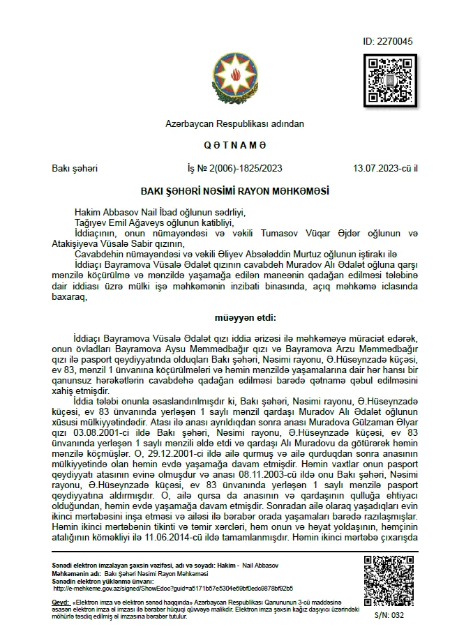 Mənzilə köçürülmə rədd məhkəmə qərarı