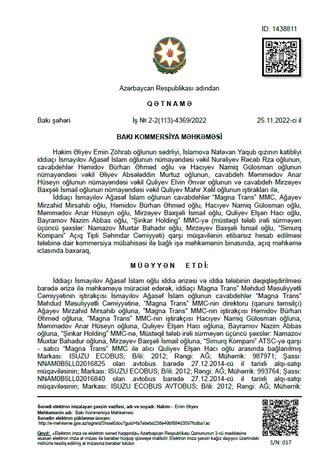 Müqavilənin etibarsızlığı iddiasının reddi məhkəmə qərarı